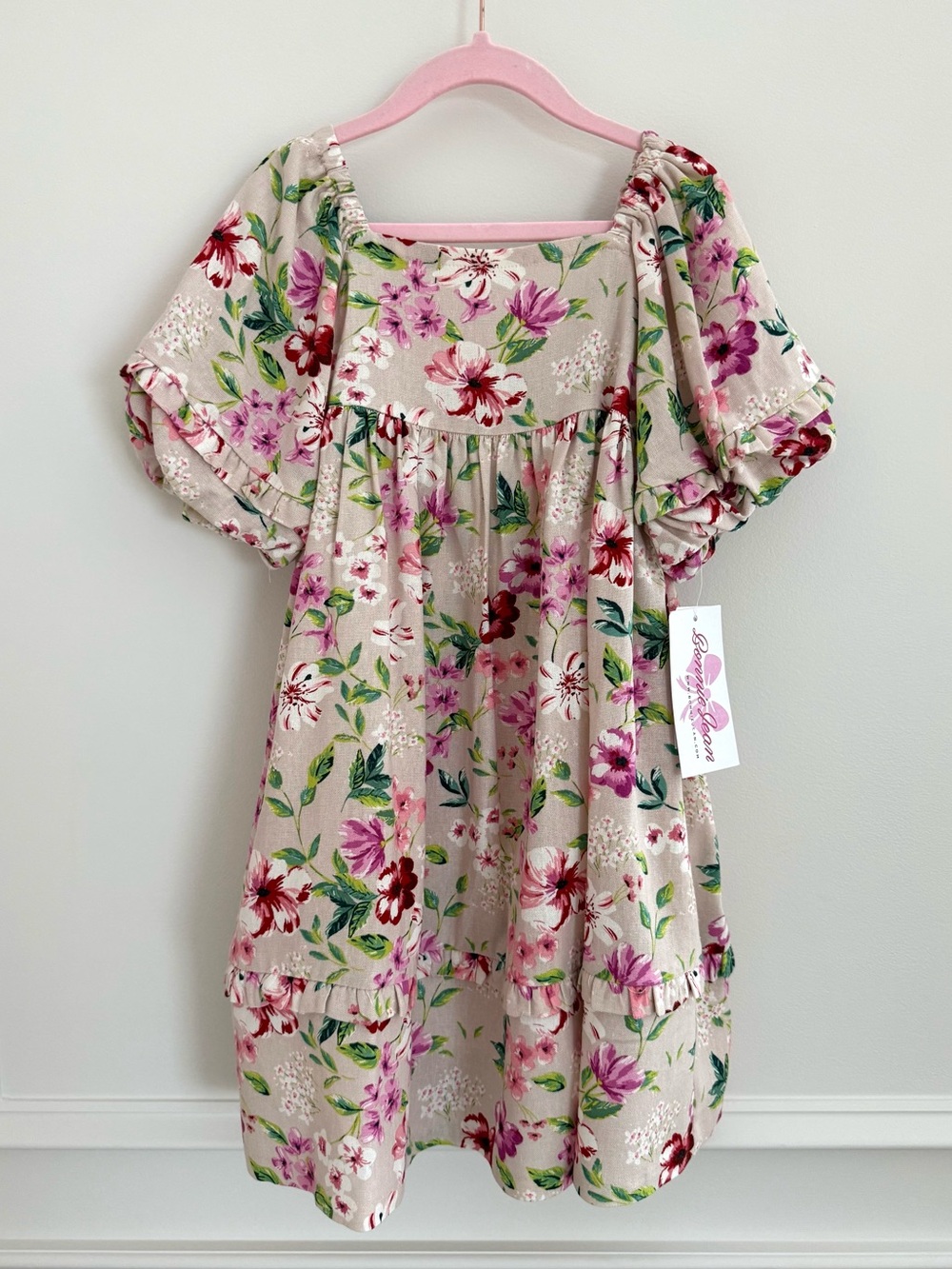 Bonnie Jean Beige Floral Puff-Sleeve Dress with Pink & Red Blooms NTW